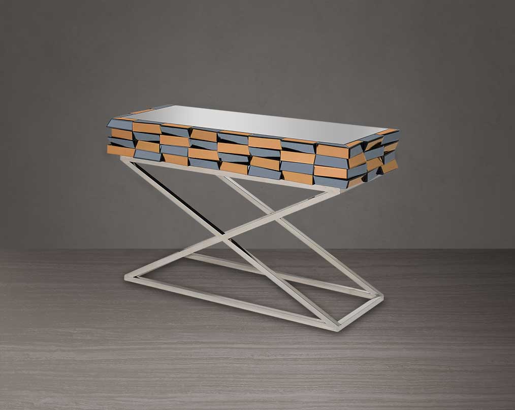 Console table with clear glass top with grey & tawny mirror & high polished stainless steel legs in cross design.