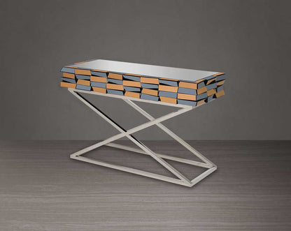 Console table with clear glass top with grey & tawny mirror & high polished stainless steel legs in cross design.