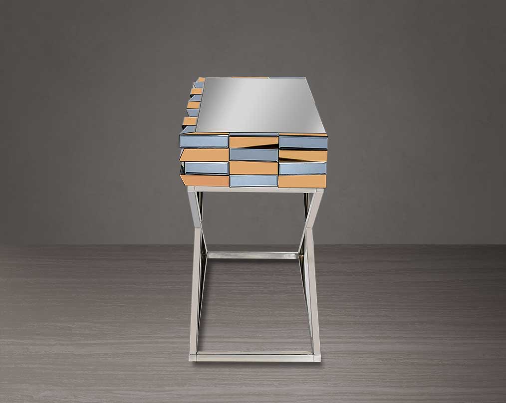 Console table with clear glass top with grey & tawny mirror & high polished stainless steel legs in cross design.
