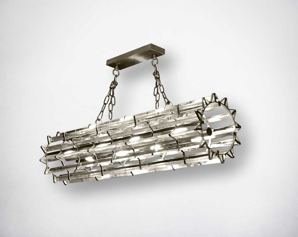 Cylindrical crystal glass pendant lamp with metal nickel plated.