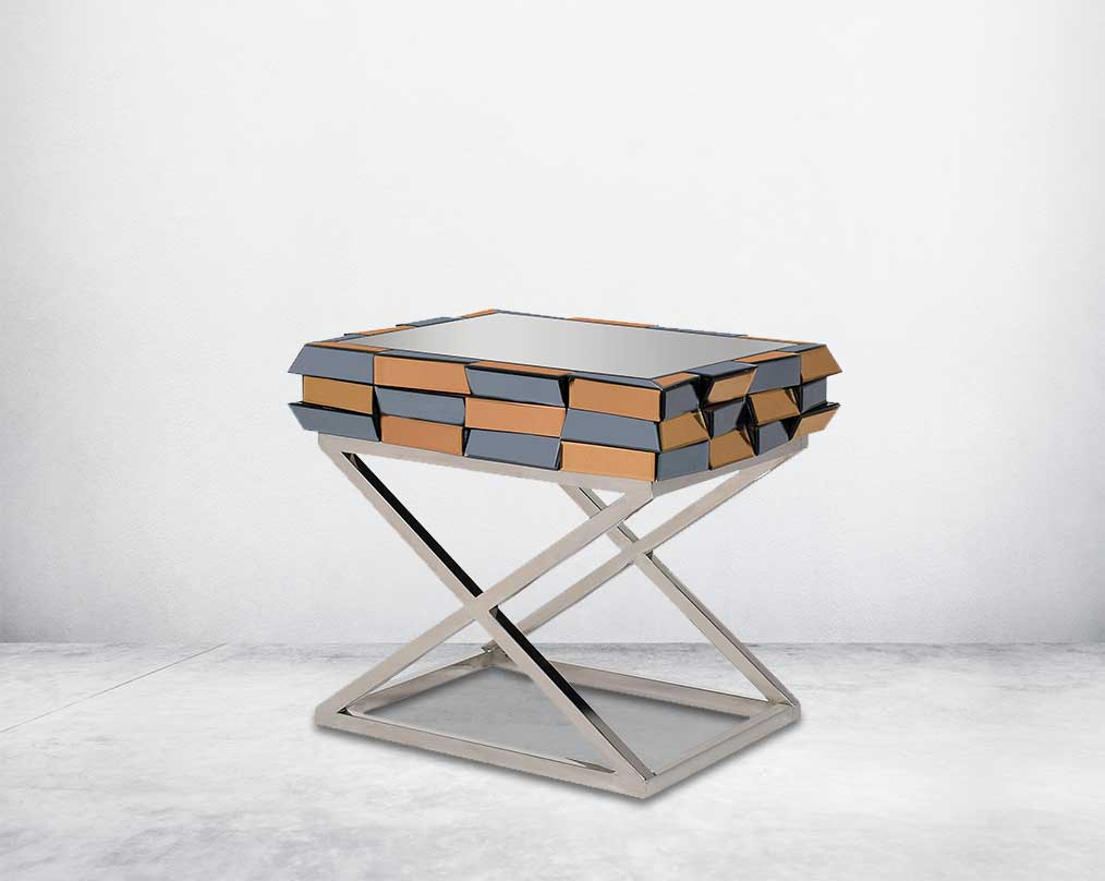 End table with clear glass top with grey & tawny mirror & high polished stainless steel legs in a cross design side view