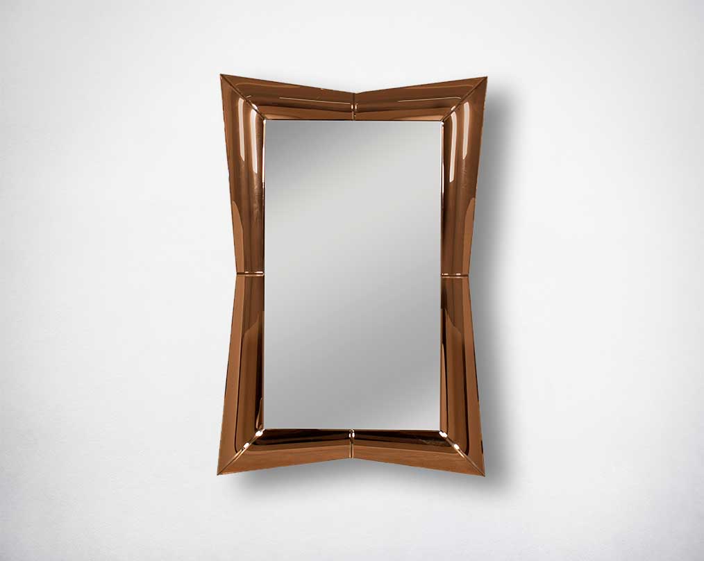 "Rectangular wall mirror with tawny curved mirror border in rich contemporary design. "