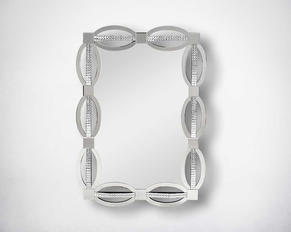 Rectangular wall mirror with silver mirror border with crystal effect in ornamental design.