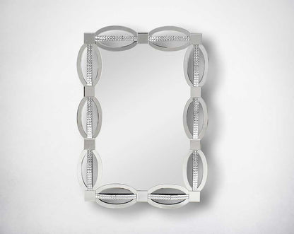 Rectangular wall mirror with silver mirror border with crystal effect in ornamental design.