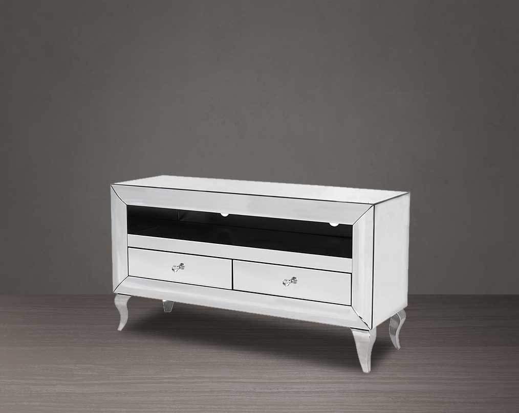 TV unit in a curved mirror with two drawers with side view 