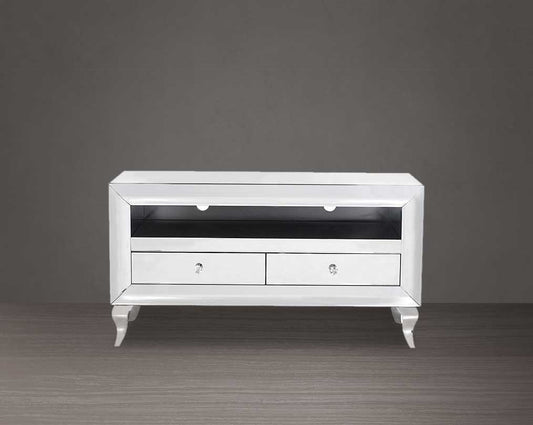 TV unit in a curved mirror with two drawers with front view 