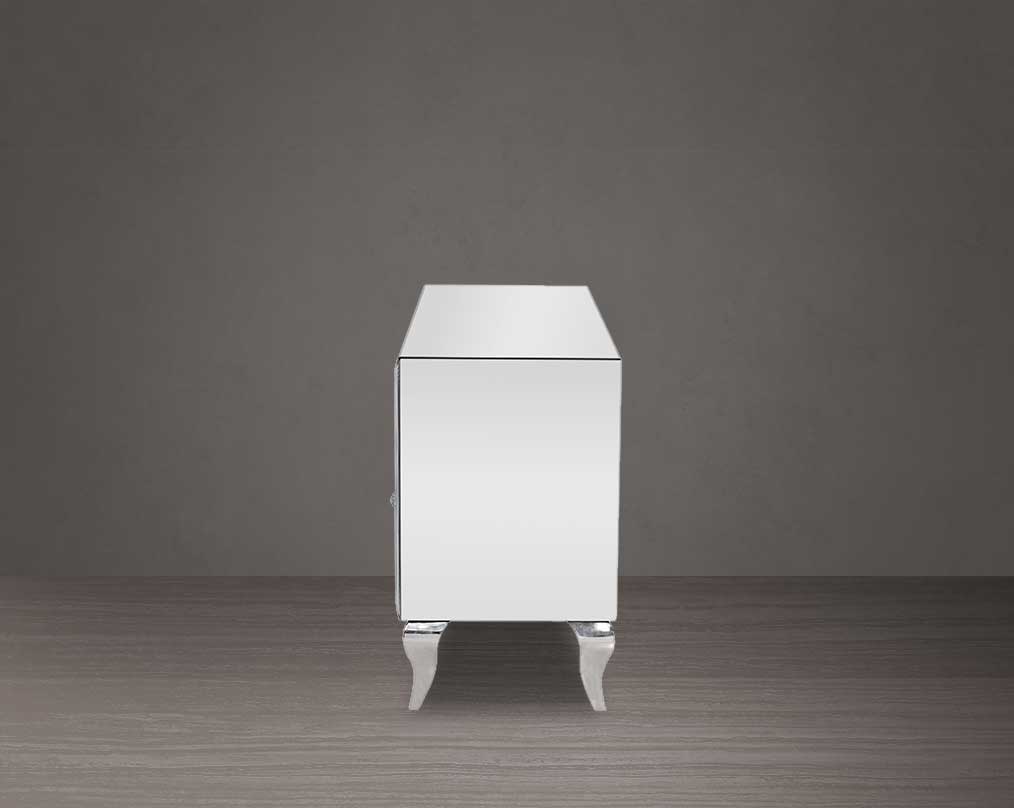 TV unit in a curved mirror with two drawers with back view