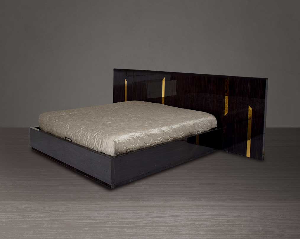 This elegant king bed comes with dark walnut veneer headboard with hydraulic lift storage.