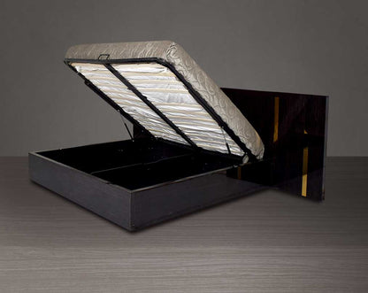 This elegant king bed comes open with dark walnut veneer headboard with hydraulic lift storage.