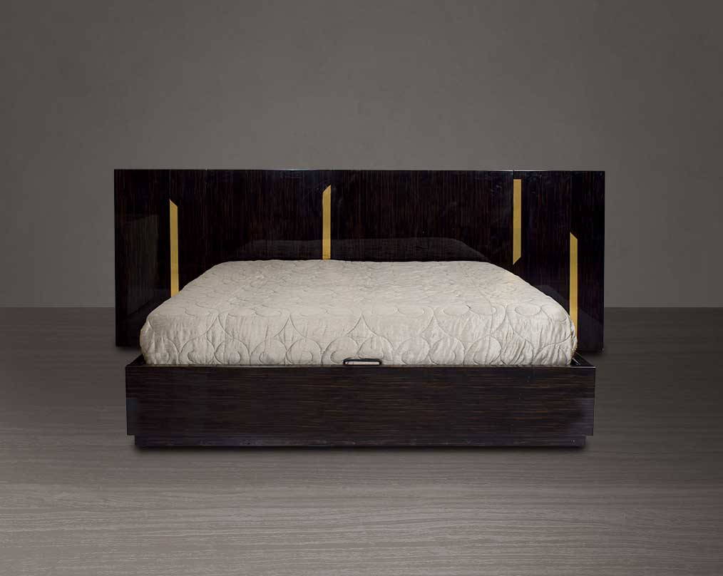 This elegant king bed comes with dark walnut veneer headboard with hydraulic lift storage front view