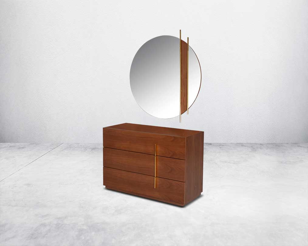 Dresser in lacquered finish with 3 drawers & gold-finished stainless steel handles which completes this majestic set side view