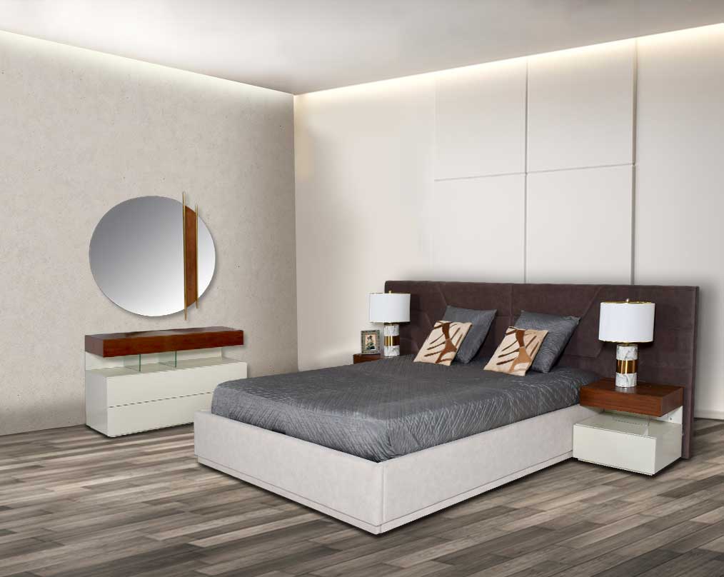 This elegant king-size bed comes upholstered in fabric & quilted in modern classic design. The bed comes with hydraulic lift storage. The gorgeous bedside table comes in beige glossy finish & light walnut top with one drawer. The dresser comes in beige gl