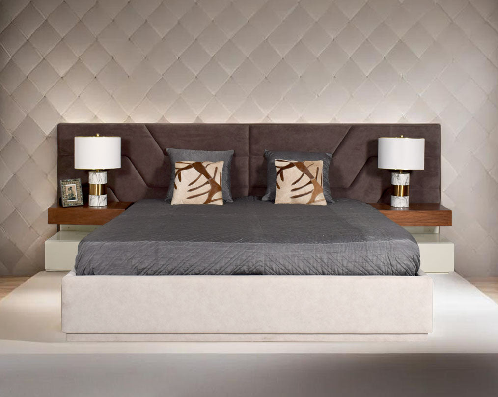 This elegant king-size bed comes upholstered in fabric & quilted in modern classic design The gorgeous bedside table comes in beige glossy finish & light walnut top with one drawer.