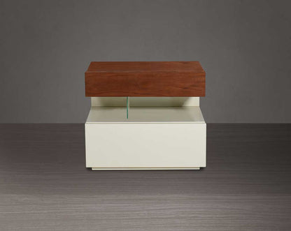 The gorgeous bedside table closed drawer  comes in beige glossy finish & light walnut top with one drawer.