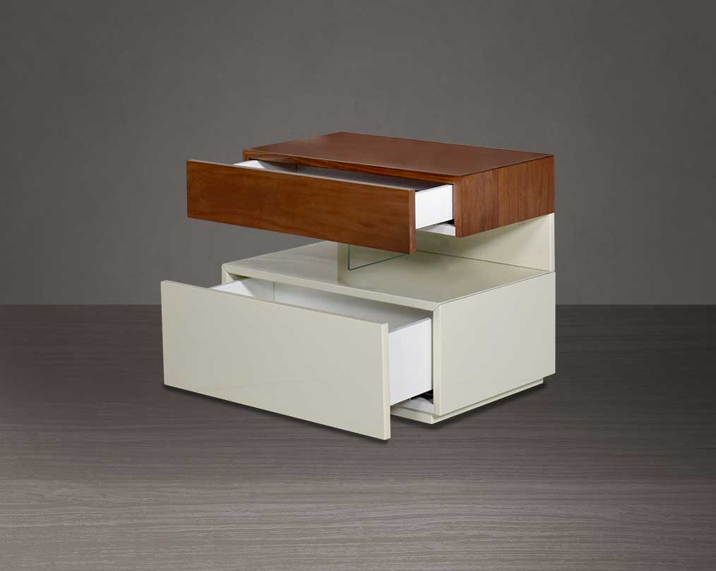 The gorgeous bedside table open drawer  comes in beige glossy finish & light walnut top with one drawer.