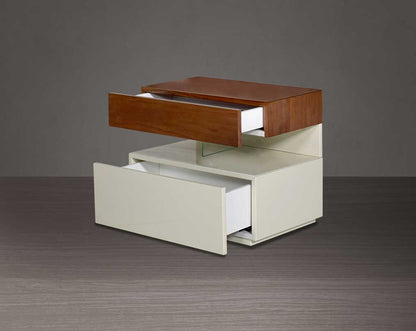 The gorgeous bedside table open drawer  comes in beige glossy finish & light walnut top with one drawer.