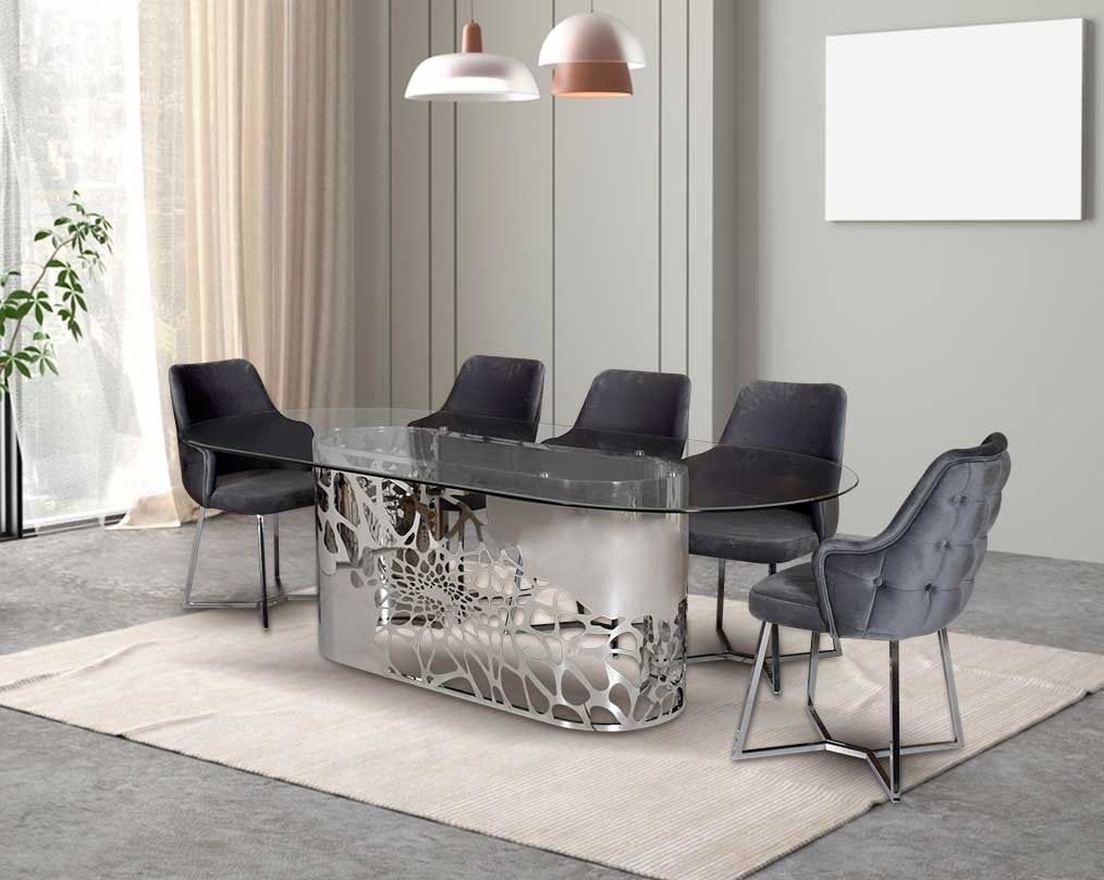 8 Seater Dining Table With Cantina Fabric Dining Chair This exquisite & beautiful dining table with an artistic laser cut base in glossy stainless steel this soft, cushioned dining chair features an extraordinary contemporary design with tufted back and c