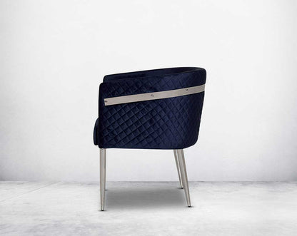 Accent leisure  back armchair upholstered & quilted in luxurious velvet fabric with high polished stainless steel frame and legs. 