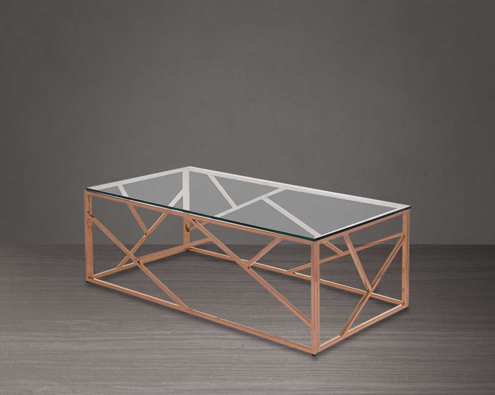 Coffee table with clear glass top and rose gold plated stainless steel frame in sleek contemporary design side view
