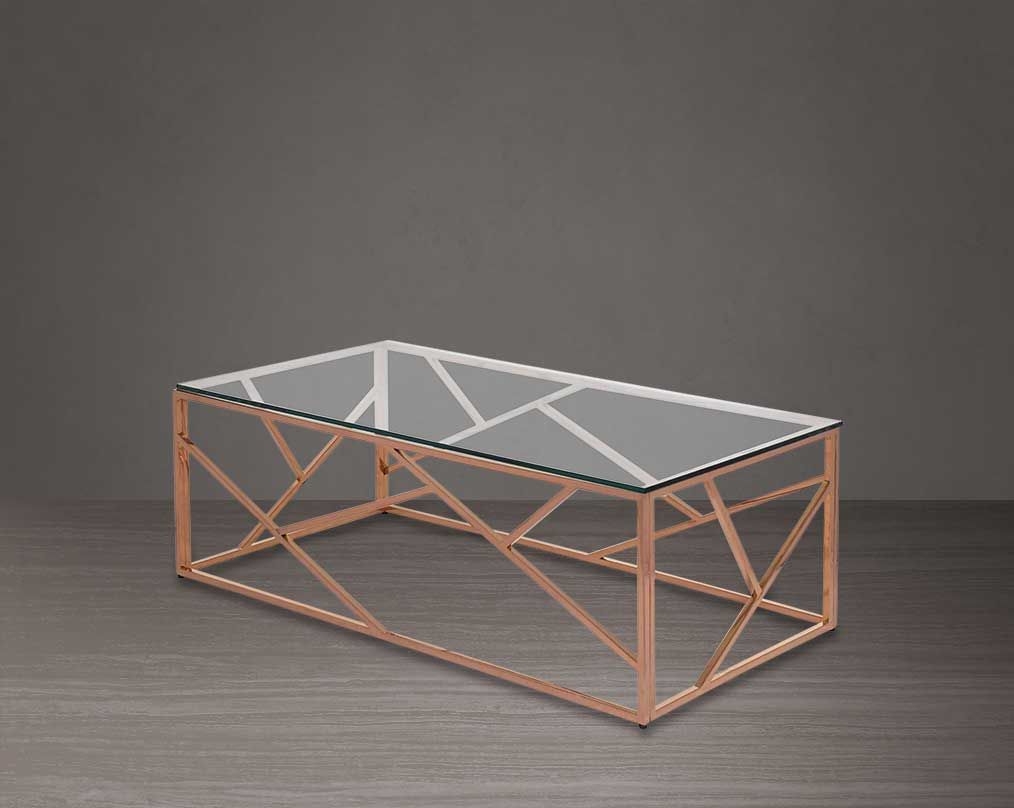 Coffee and end table with clear glass top and rose gold plated stainless steel frame in sleek contemporary design side view.