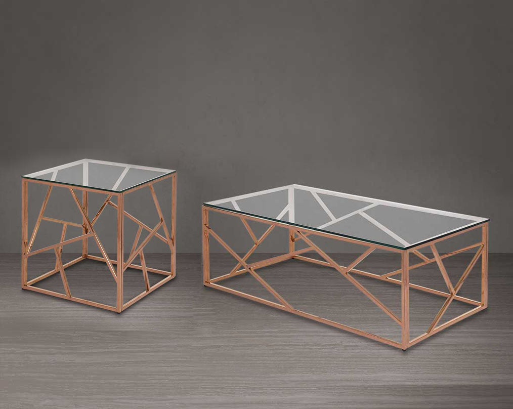 Coffee and end table with clear glass top and rose gold plated stainless steel frame in sleek contemporary design.