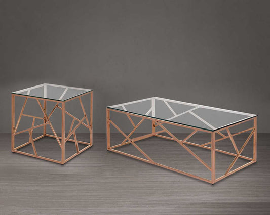 Coffee and end table with clear glass top and rose gold plated stainless steel frame in sleek contemporary design.