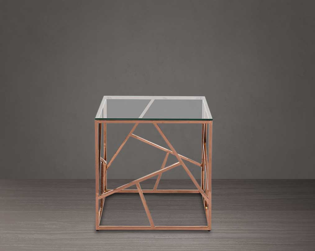 End table with clear glass top and rose gold plated stainless steel frame in sleek contemporary design.