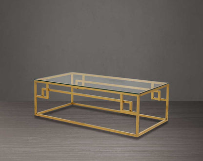 This tempered clear glass coffee table The table features an elegant and sophisticated design with a gold-plated stainless steel frame in a geometric contemporary design.