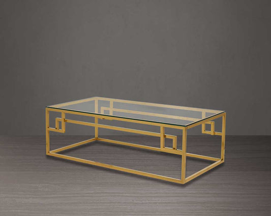 This tempered clear glass coffee table The table features an elegant and sophisticated design with a gold-plated stainless steel frame in a geometric contemporary design.