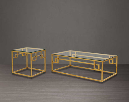 This tempered clear glass 2 coffee table The table features an elegant and sophisticated design with a gold-plated stainless steel frame in a geometric contemporary design.