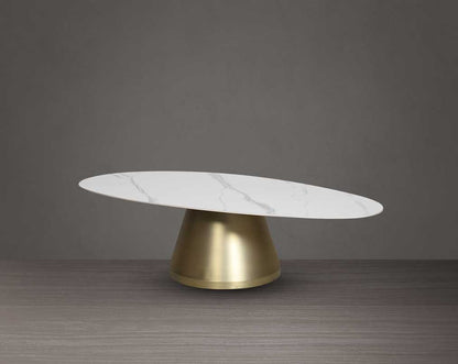 This oval coffee table is a captivating composition of a round white & grey ceramic top & conical metal base