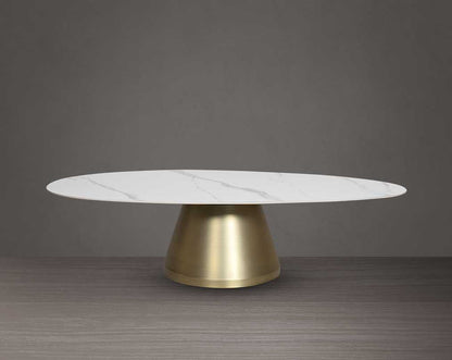 This oval coffee table is a captivating composition of a round white & grey ceramic top & conical metal base