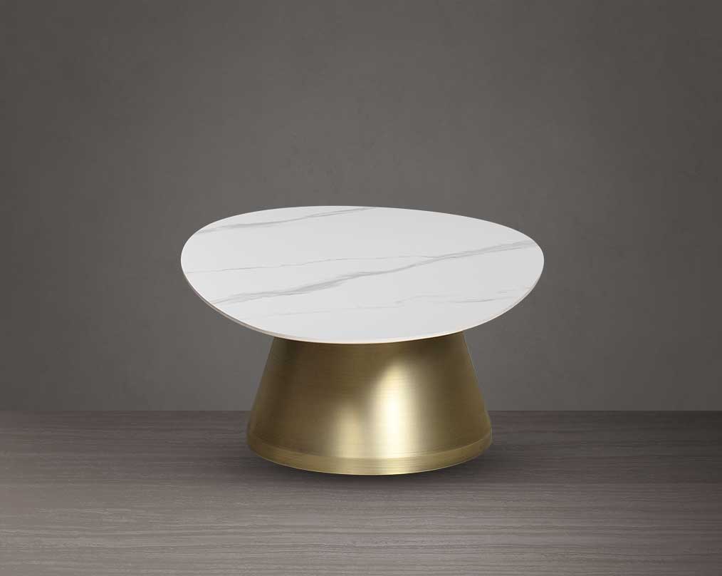 This oval coffee table is a captivating composition of a round white & grey ceramic top & conical metal base