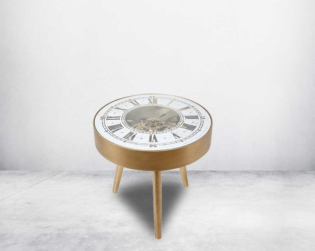 Spherical end table clock in antique champagne mirror finish with roman numerals.