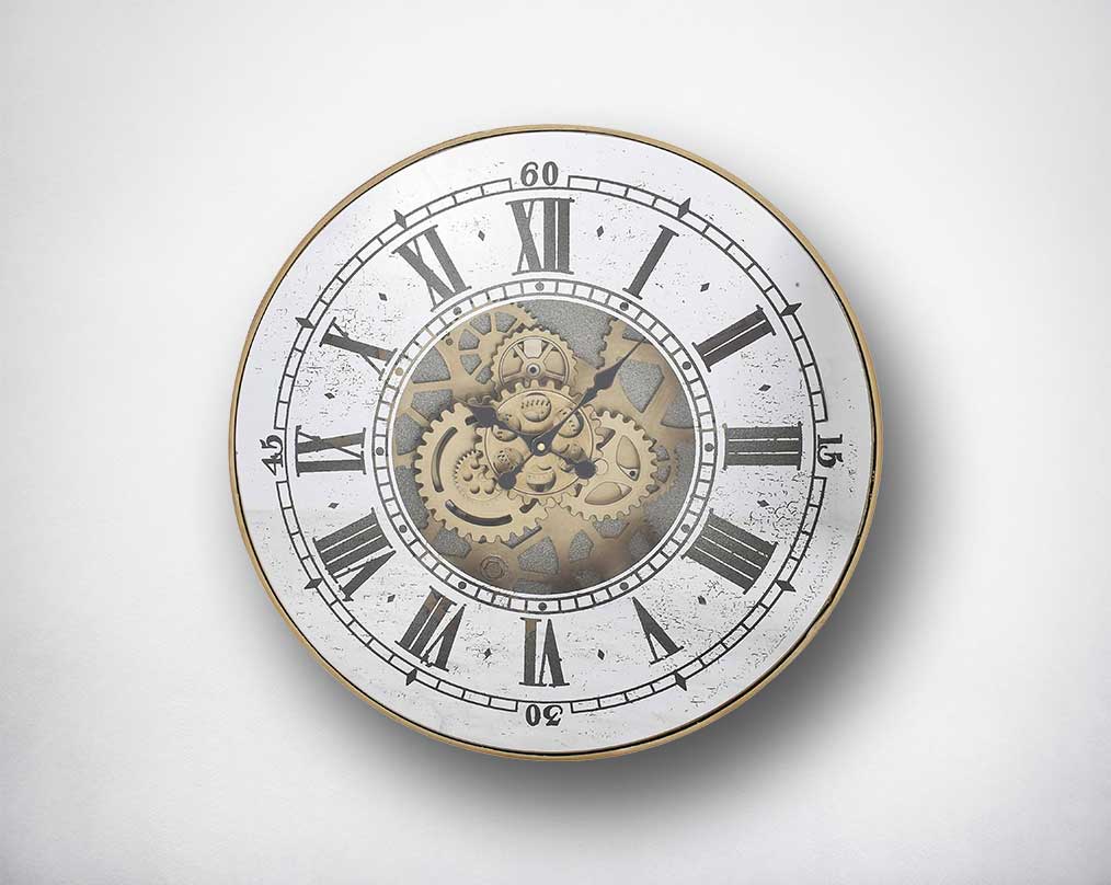 Spherical end table clock in antique champagne mirror finish with roman numerals.