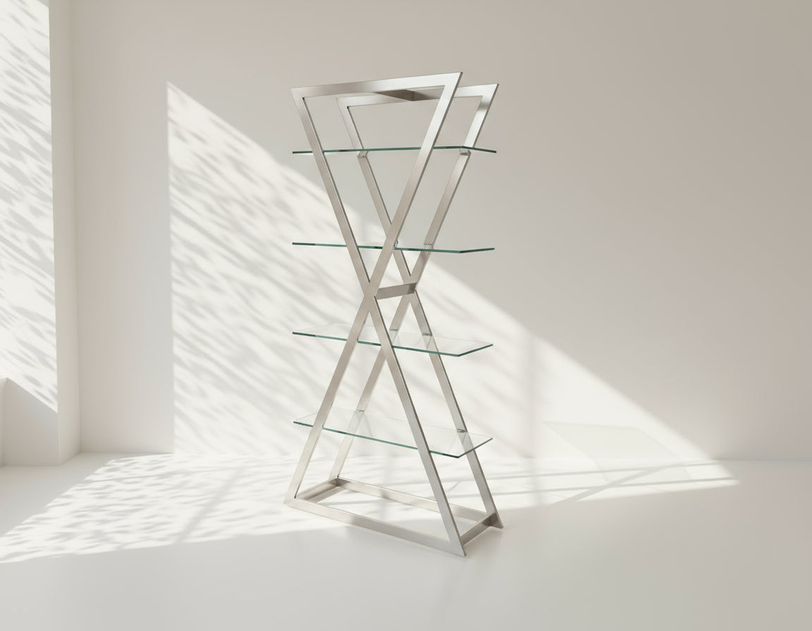 Defined by its essence this display unit relishes a premium look with its clear glass shelves seated on a vertically crisscross stainless steel frame. This is a majestic and elegant display unit which will bring a touch of class to your home.