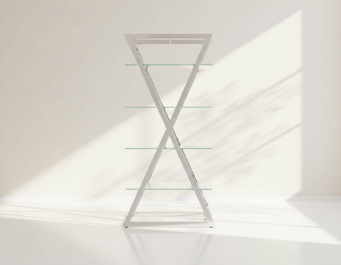 Defined by its essence this display unit relishes a premium look with its clear glass shelves seated on a vertically crisscross stainless steel frame. 