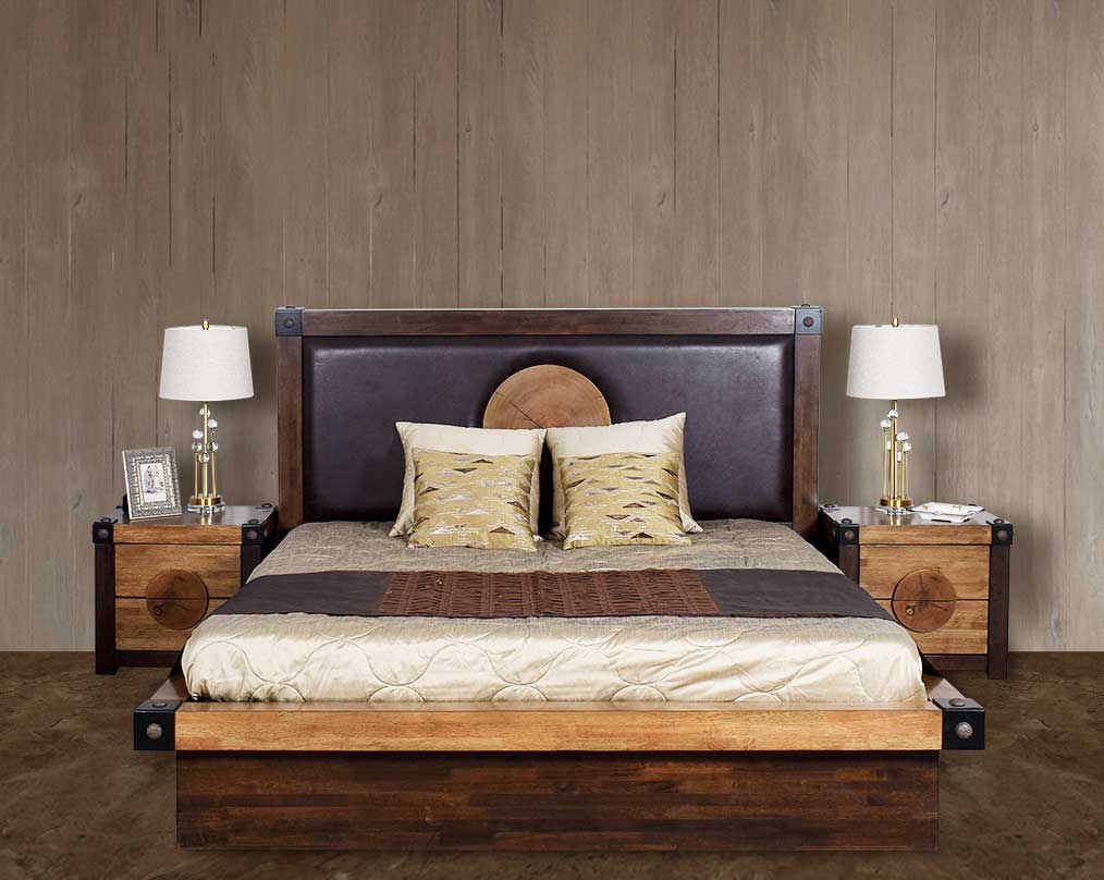 High back bed in king size in wood & oak veneer with upholstered back in faux leather, with storage.
Bedside table in wood & oak veneer with two drawers 
