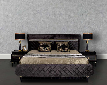 High back bed in king size in dark oak upholstered & quilted in fabric with antique gold design motif in modern classic design. The bed comes with hydraulic lift storage. Bedside table in dark oak finish with antique gold design motif and two drawers with