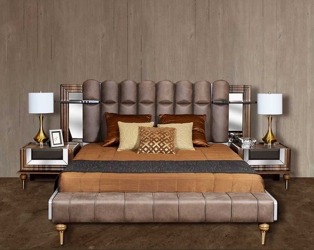 This beautiful art deco stylish bed features a high headboard upholstered in fabric & a grey glossy finish with mirrors & shelves on both sides This beautiful art deco style dresser comes with a mirror to compliment