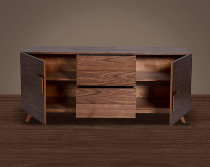 Buffet/Cabinet in natural walnut in sleek contemporary design open drawer.