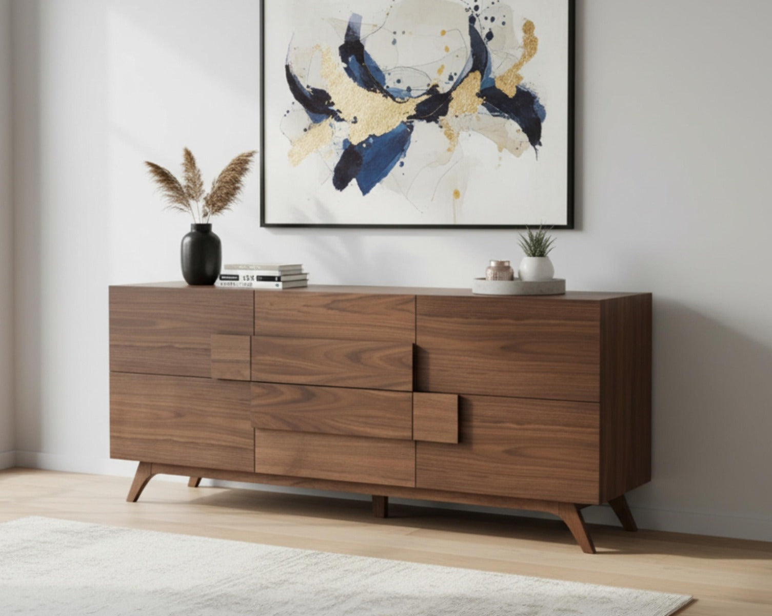 Buffet/Cabinet in natural walnut in sleek contemporary design with living room.