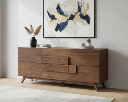 Buffet/Cabinet in natural walnut in sleek contemporary design with living room.