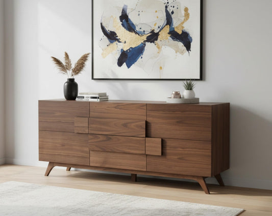 Buffet/Cabinet in natural walnut in sleek contemporary design with living room.