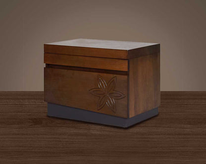 "Bedside table with one drawer in dark walnut & a dresser mirror with 4 drawers." side view