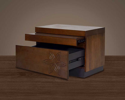 "Bedside table with one drawer in dark walnut & a dresser mirror with  open 4 drawers."