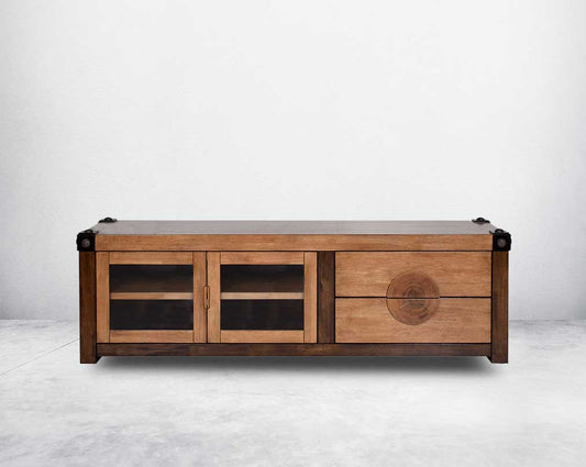 TV unit in vintage brown oak wood with two drawers and shutters with transparent glass front view 