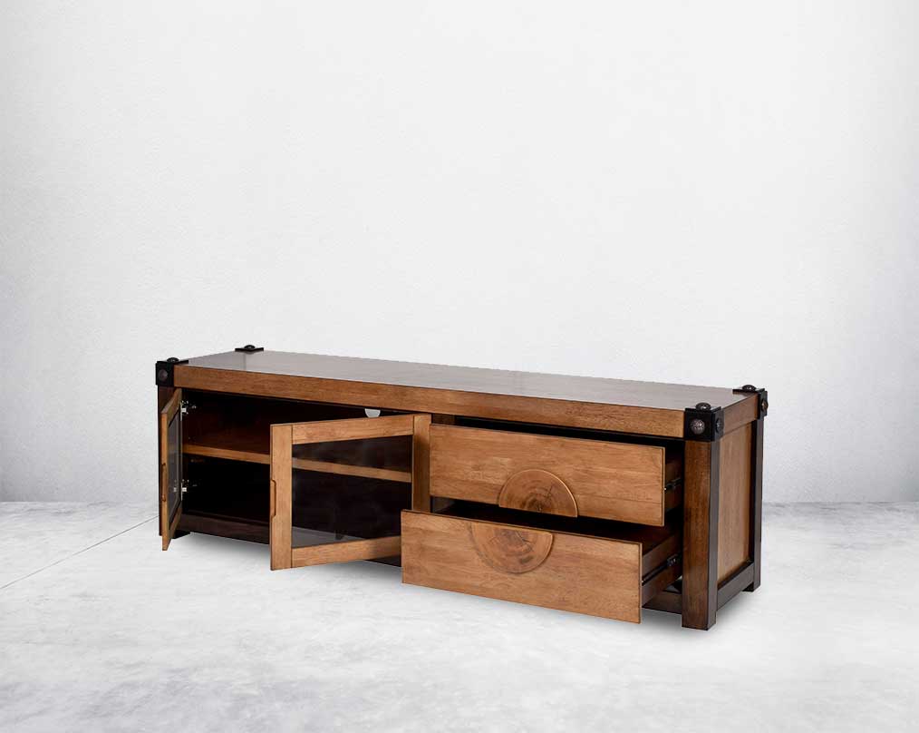 TV unit in vintage brown oak wood with open  two drawers and shutters with transparent glass.