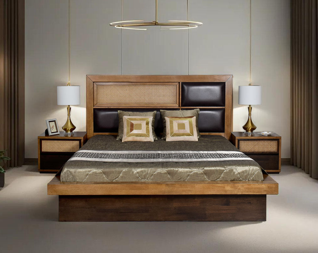 his luxurious king-size bed with pillow  adds a natural & rustic opulent style to your space Bedside table with one drawer in dark walnut & oak veneer and one bamboo knitted drawer