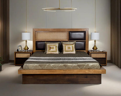 his luxurious king-size bed with pillow  adds a natural & rustic opulent style to your space Bedside table with one drawer in dark walnut & oak veneer and one bamboo knitted drawer